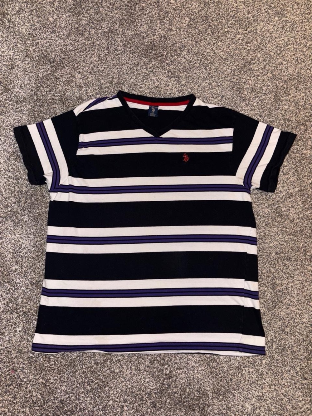US Polo Assn V Neck Tee With Black and Purple Stripes